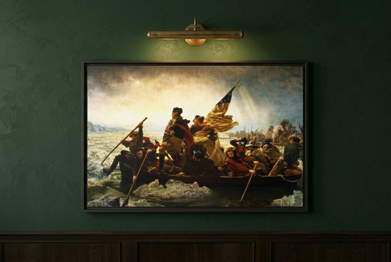 Close-up of the Washington Crossing the Delaware framed canvas on a dark wall lit by a brass picture light