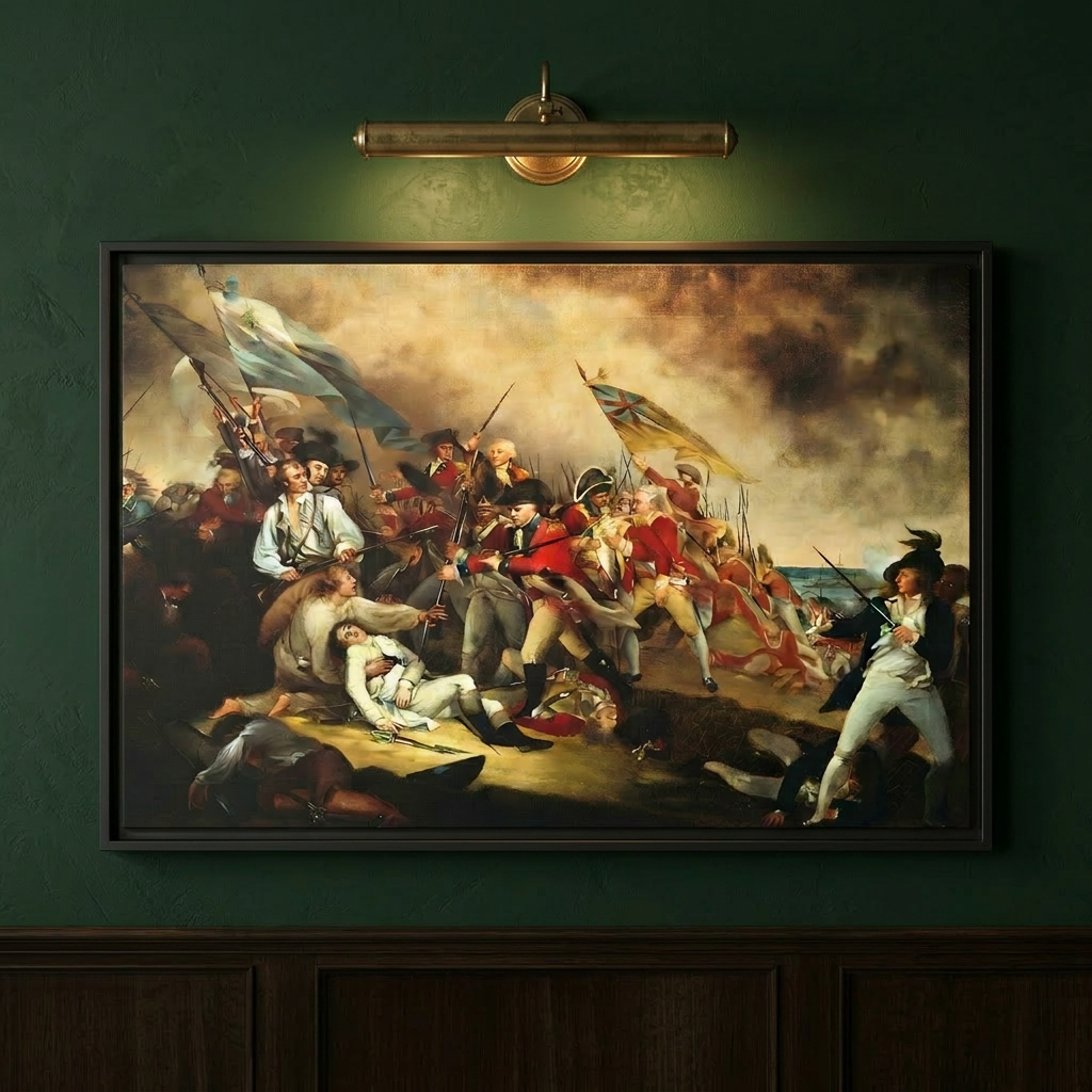 Close-up of the Death of General Warren framed canvas on a deep sage green wall lit by a brass picture light