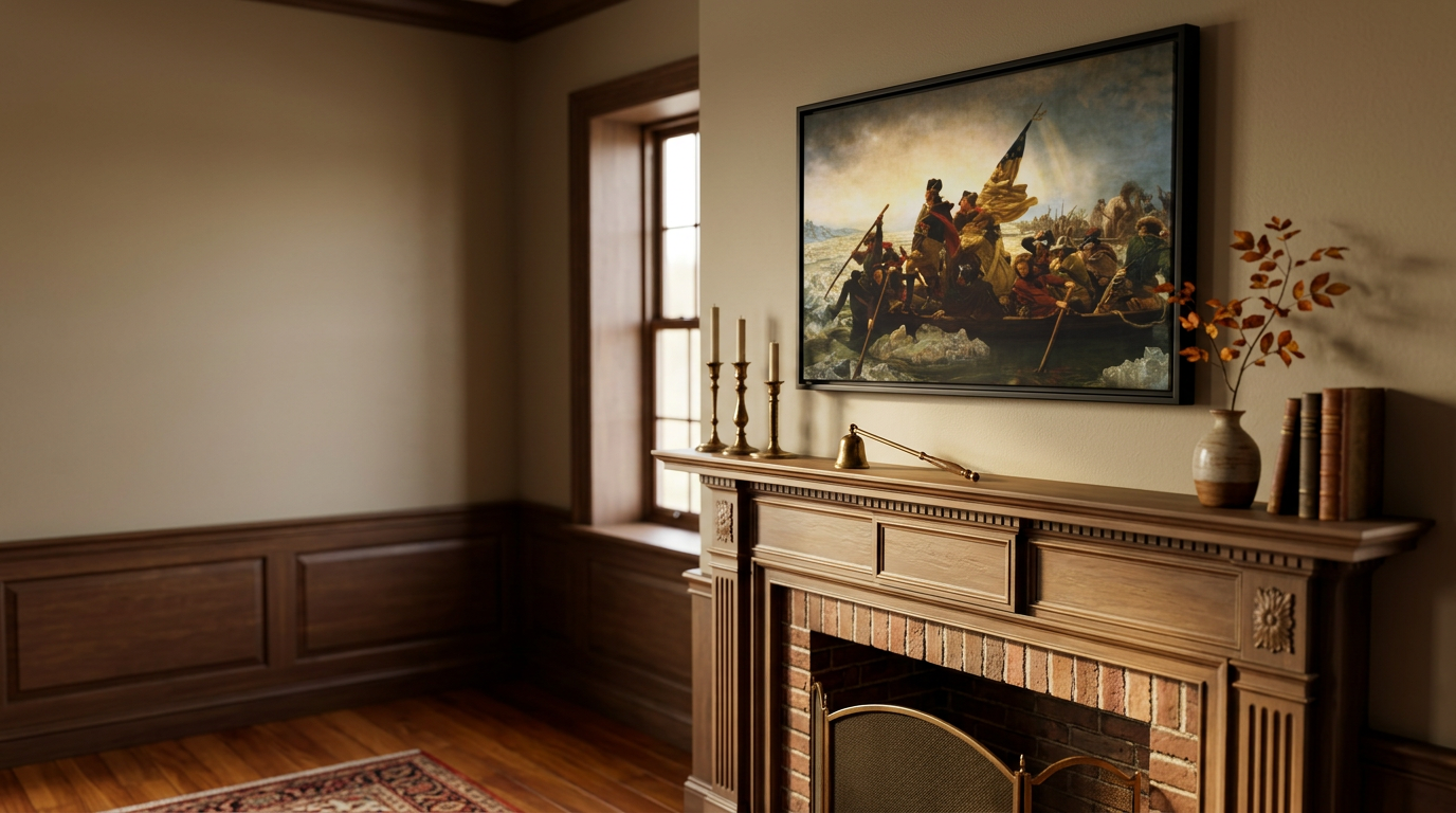 Framed historical American painting displayed above a traditional fireplace mantel